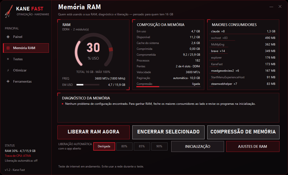 Página Memória RAM do Kane Fast: composição da memória, maiores consumidores e diagnóstico